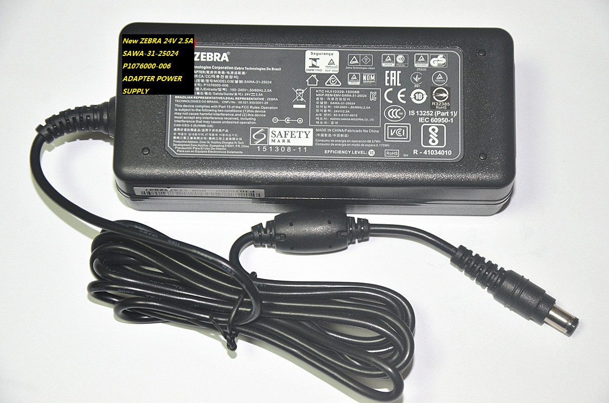 New P1076000-006 24V 2.5A ZEBRA SAWA-31-25024 ADAPTER POWER SUPPLY